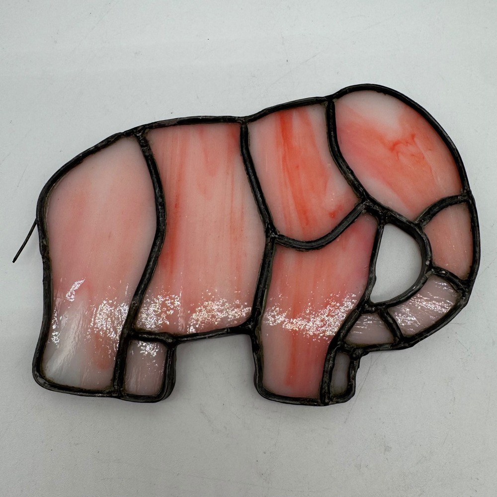 Vintage Handcrafted Pink Slag Stained Glass Elephant Suncatcher Window Hanging